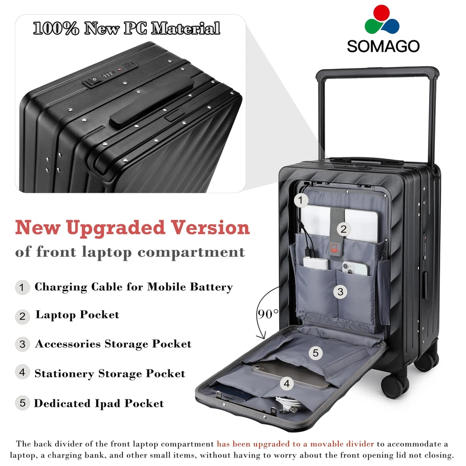 Carry On Luggage Wide Handle 20 Inch Suitcase with Front Compartment Aluminum... - Image 3 of 4