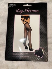 LEG AVENUE Womens Sheer Lace Top Stocking w/Attached Criss Cross Garter Belt O/S