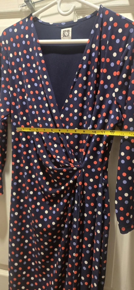 Vestido Anne Klein para mujer XL imitación envoltura lunares manga larga azul blanco cuello en V Foto 4 de 4