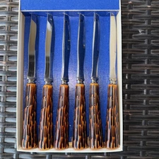 NIB Steak Knives Antler Handle Crown Sheffield England   Set 6 Bakelite Handles