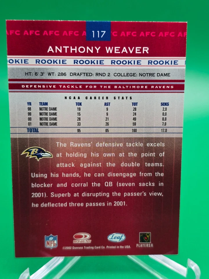 Anthony Weaver 2002 Leaf Rookies and Stars Rookie Card RC Autographs #117 RAVENS - Image 2 of 2