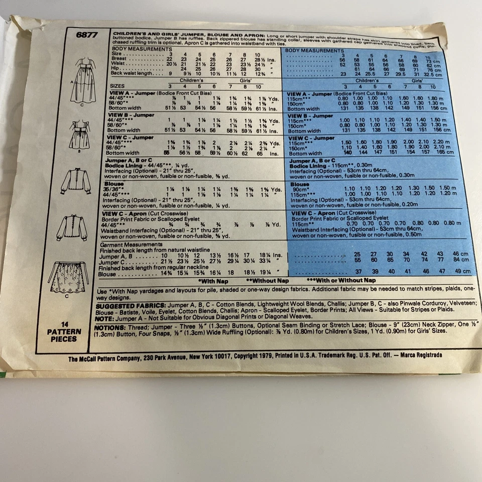 McCalls 6877 Child/Girls Sz 7 Jumper Blouse Apron VTG Sewing Pattern - Image 2 of 2