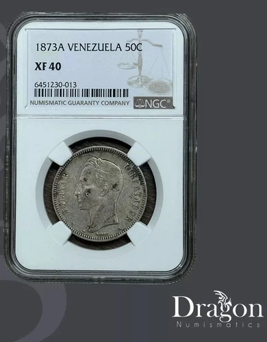 1873A Venezuela 50 Centavos Silver COIN SIMON BOLIVAR 0.835 XF 40 NGC 🇻🇪🐉