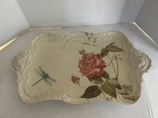 Off White Metal Serving Tray with Pink Roses & Dragonfly 18in.L x 10.5in.W NWNT