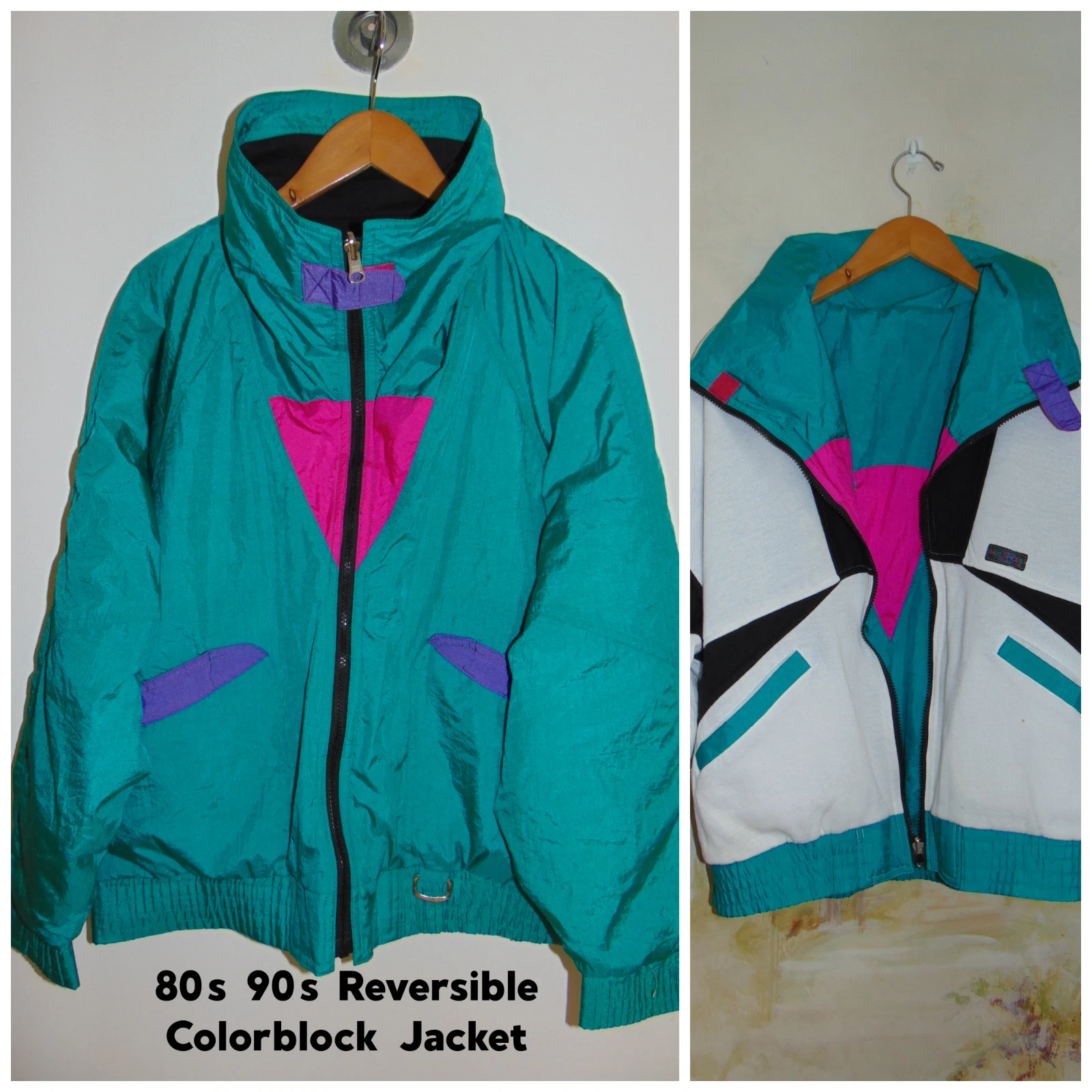 Vintage Hot Spices Green Colorblock Jacket Pockets Zip Up Ski Coat Medium UNISEX