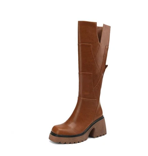 Mid Calf Boots Block Heel Round Toe Real Leather Womens Platform Side Zip Shoes - Bild 15 von 17