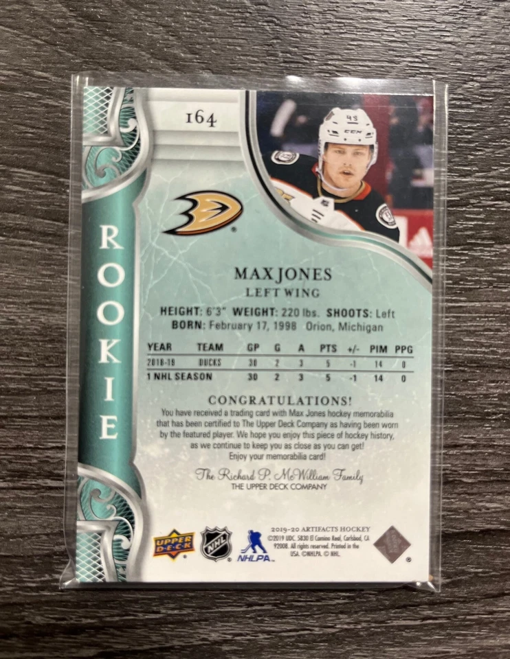 2019-20 UD Artifacts Emerald Dual Jersey Patch MAX JONES ROOKIE RC #164 06/25 - Image 2 of 2