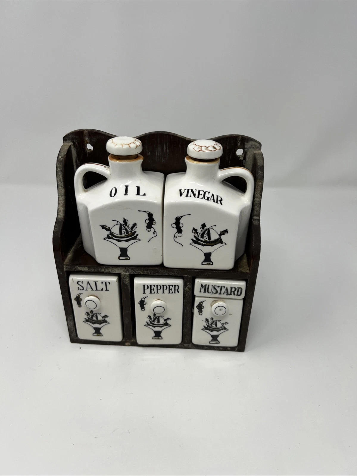 Vintage Condiments Set Oil Vinegar Salt Pepper Shaker Mustard Jar Made In Japan