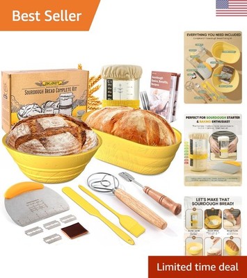 Luxury Sourdough Bread Kit   34 OZ Starter Jar with 2 Silicone Baskets - Yellow