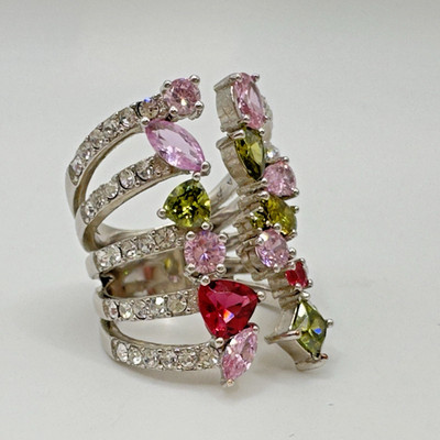 Joan Boyce Crystal Cocktail Ring Garden Party Pink Green Statement Ring Size 6.5