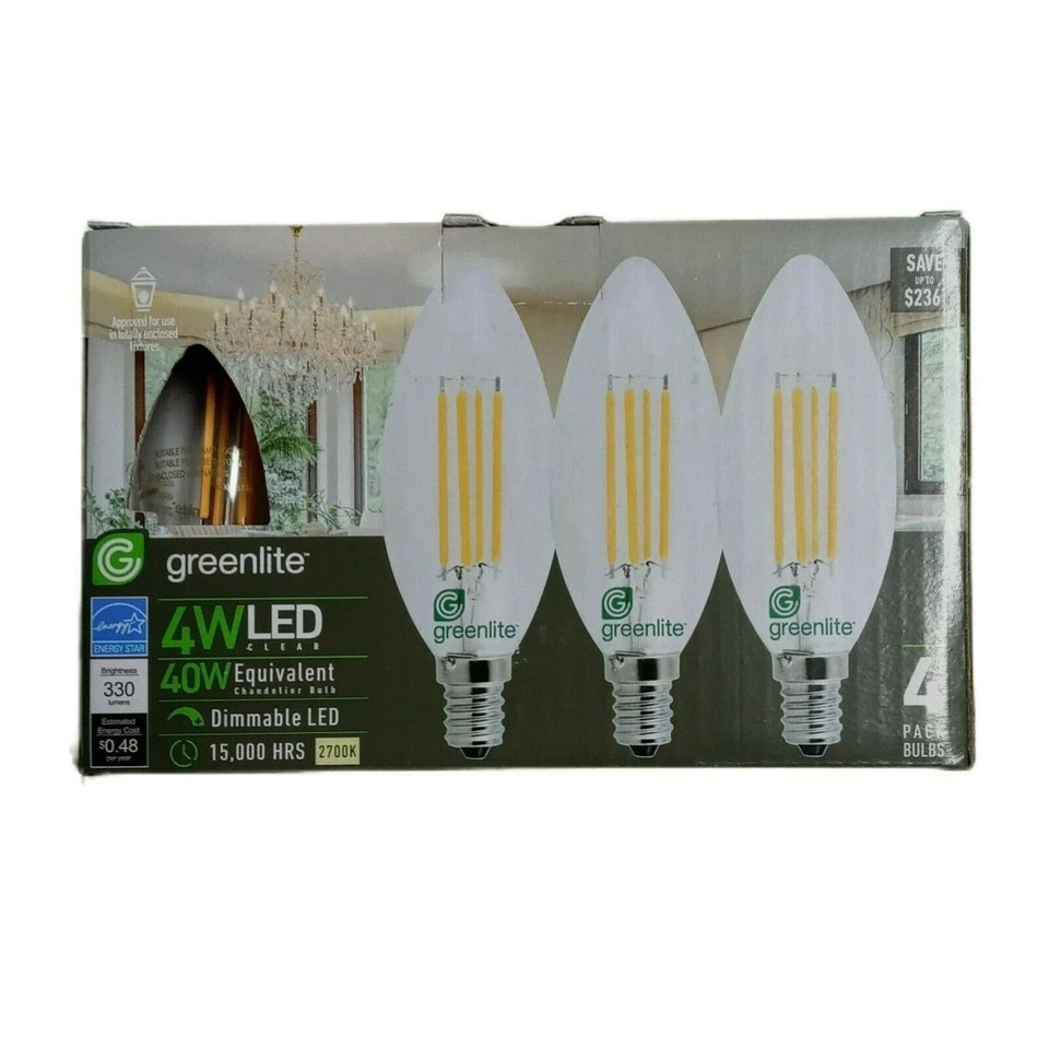 GreenLite LED 4PK Chandelier Bulbs 4W LED Equal to 40W 15,000 Hours 2700K - Image 2 of 4