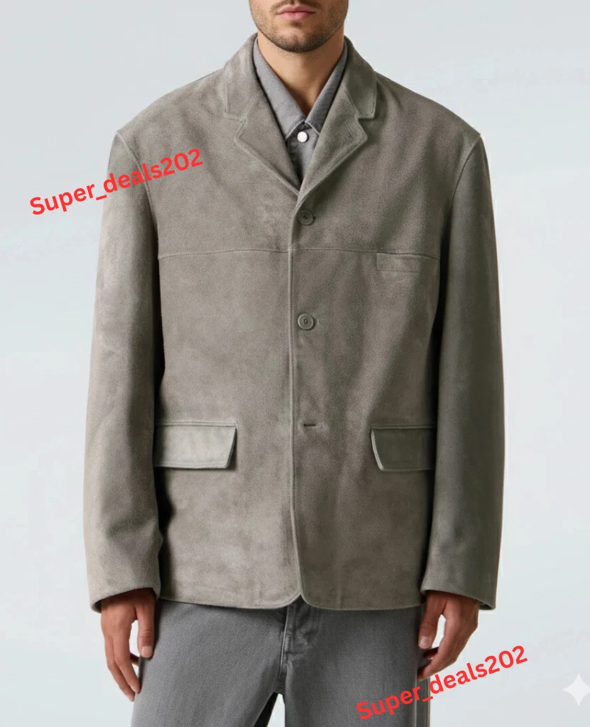 Men's Gray Suede Lambskin Leather Blazer Handmade Formal Office Stylish Coat Fit