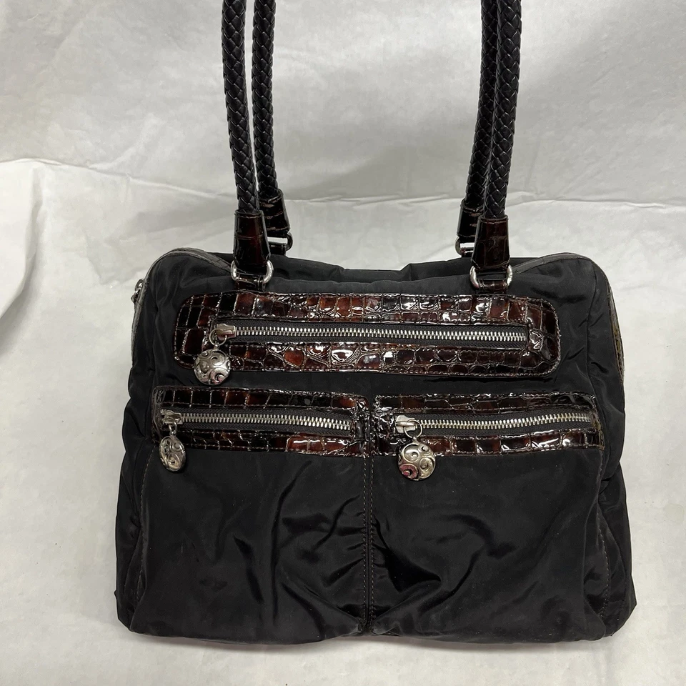 Brighton Nylon Patent Tote Shoulder Bag Purse Black Brown Croc Embossed Trim - Image 2 of 4