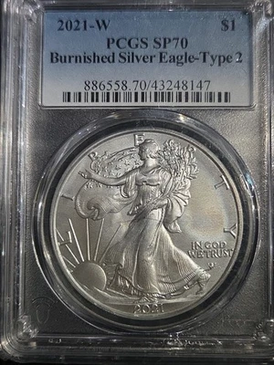 2021-W Burnished Silver Eagle Type-2 PCGS MS70- Free Shipping - Image 1 of 4