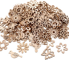 100 PCS Unfinished Wood Crafts Wood Slice Leaf Bird Flowers Butterfly Pattern