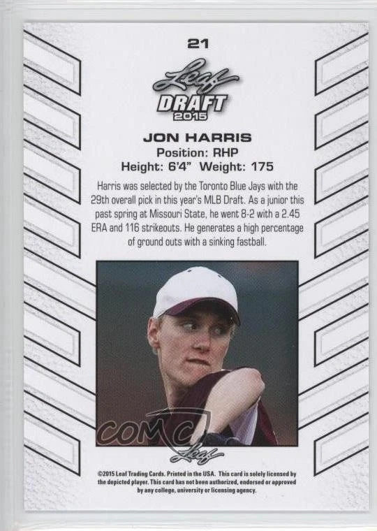 2015 Leaf Draft Exclusive Green /10 Jon Harris #21 - Image 2 of 2