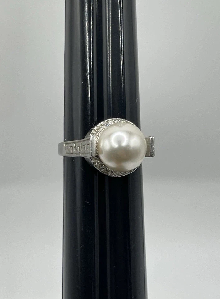 纯银镀复古风格人造珍珠戒指 方晶锆石 CZ 尺寸 7 — 第 2/4 张图片