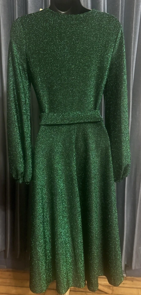 Women's Round Neck Bishop Long Sleeve Belted Glitter Luxury Dress Green S Foto 4 de 4