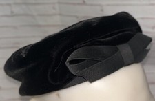 Black Velvet Vintage Pillbox Hat Cap w Bow  Satin Trim Union Made USA - Flaw