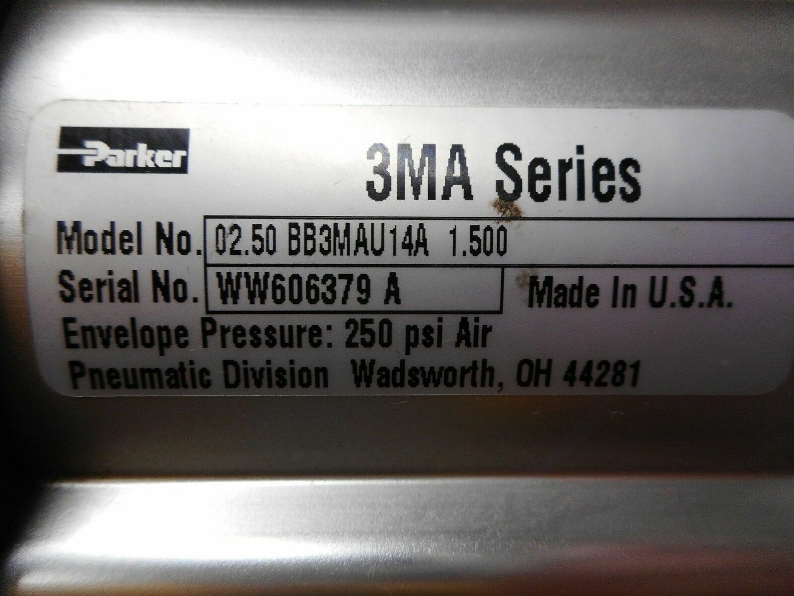 Parker 3MA Series Model 02.50 BB3MAU14A 1.500 Pneumatic Cylinder New