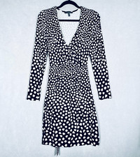 Adrianna Papell Wrap Dress Womens 12 Black Stretch Polka Dot Midi