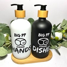 Hand and Dish Soap Glass Dispenser Set with Bamboo Tall Tray Black  White