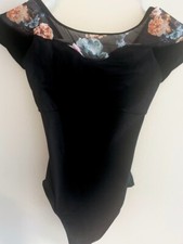 Sansha Leotard   XS   Black with Floral Mesh and Velvet Cap Sleeves