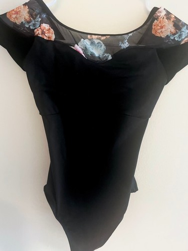 Sansha Leotard – XS – Black with Floral Mesh and Velvet Cap Sleeves