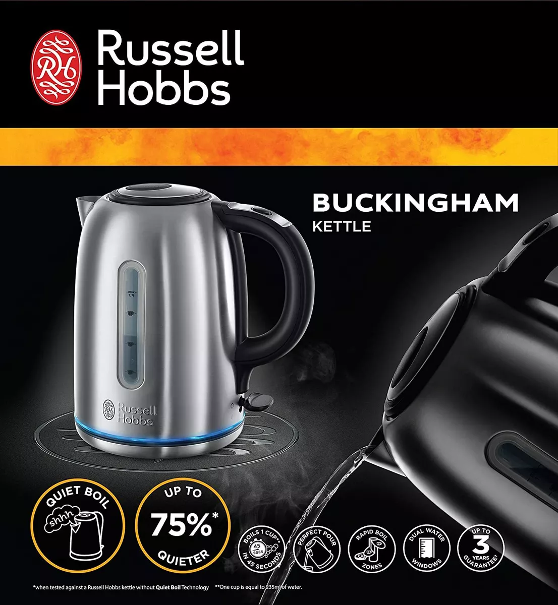Russell Hobbs Quiet Boil Buckingham Kettle Brushed Stainless Steel 3000W 20460