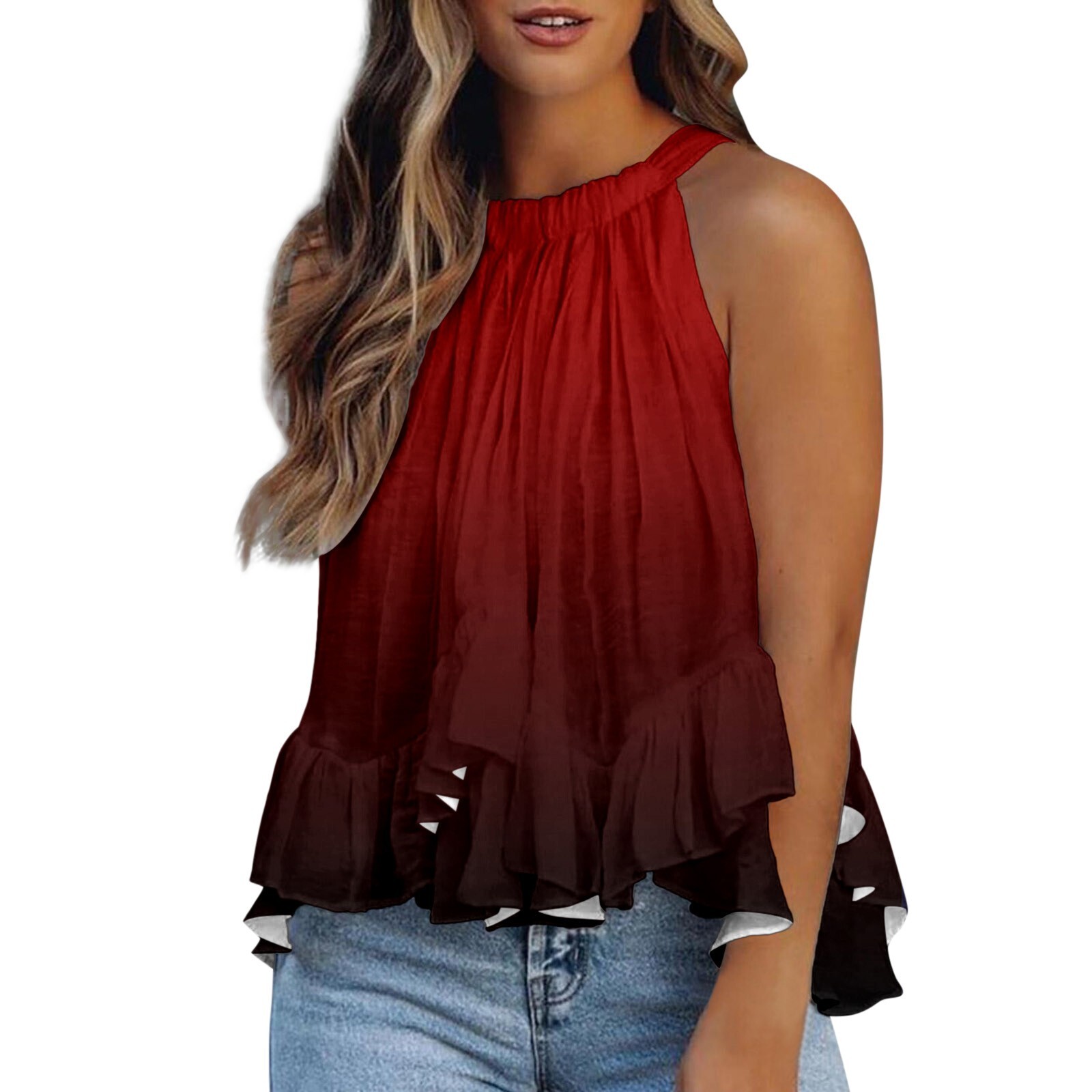Women Casual Halter Shirt Elegant Print Sleeveless Tank Top Ruffle Tail