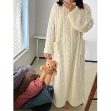 Women Double Pocket Flannel Nightgowns Sleepwear Dress Thickened Warm Nightdress