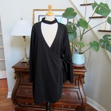 Boohoo Women's size 20 Black Textured Wrap Front Choker Neck Bell Sleeve Dress