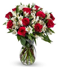 Signature Roses and Alstroemeria, With Vase Fresh Cut Flowers 