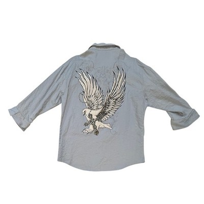 Y2K Eagle Wings Button Up Shirt Mens LG Blue Eagle Wings Rhinestone Biker Rock