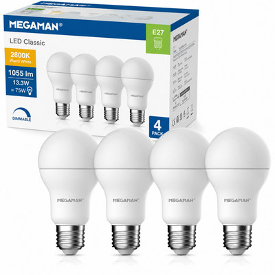 4 Stück Megaman LED-Glühbirne 13,3 W E27 Classic 2800 K dimmbar CRI Ra90 1055lm