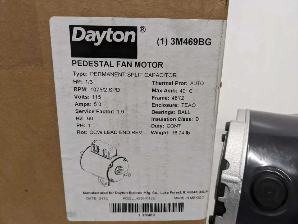Dayton 3M469BG Pedestal Fan Motor 1/3HP ENC TEAO 1075, 2 Speed RPM Single Phase - Image 3 of 4