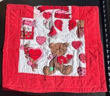 Vintage Hand Stitched Love Heart Bear Baby Blanket Quilt 28 1/2" x 25"