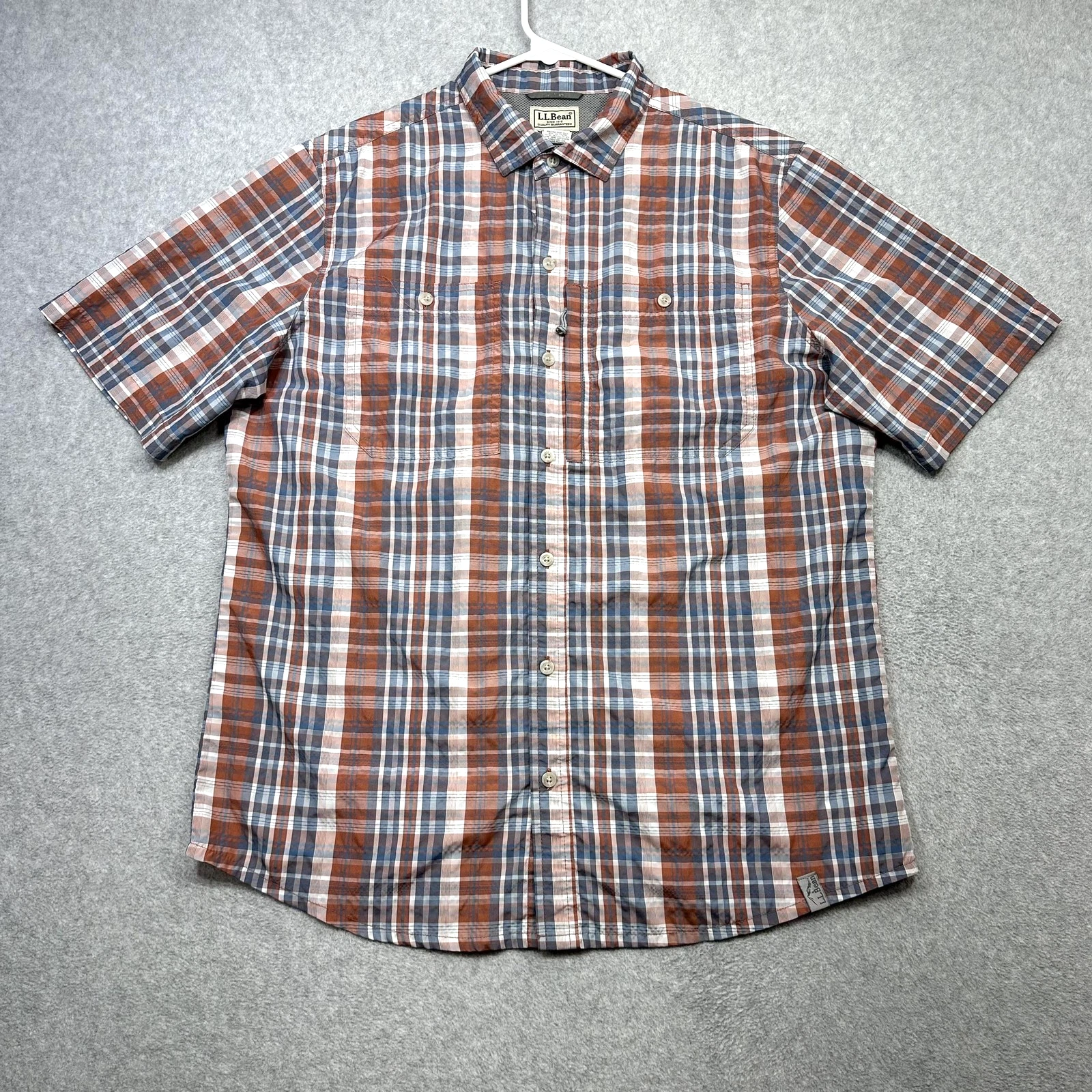 LL Bean Hiking Shirt Men Medium Brown Blue Plaid Short Sleeve Button Up Vented