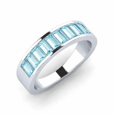 Aquamarine Bezel-Set Baguette 4x2mm Half Eternity Band Ring With Rhodium Plated