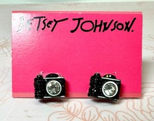 Betsey Johnson Black Camera Retro Stud Earrings~Rhinestone Crystals Sparkly!