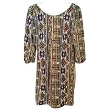 Aztec Geometric Print V-Neck Zip Front Tunic Dress Olive Tan Small Made in USA