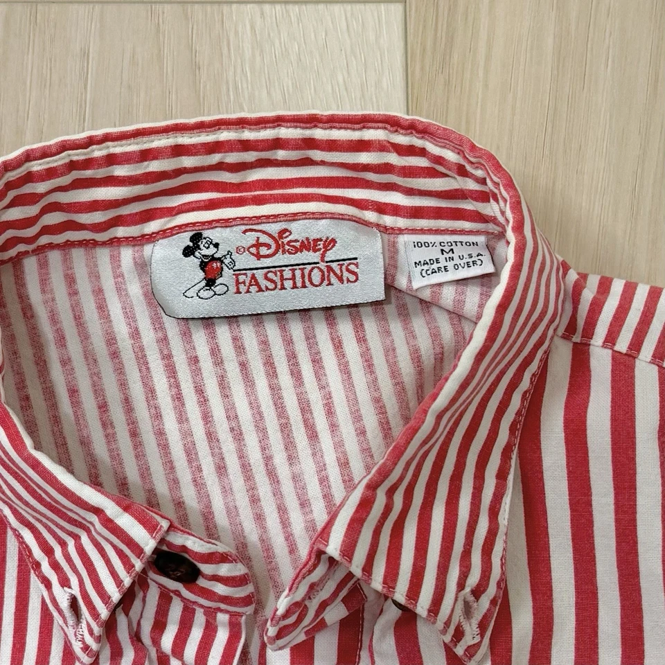 Camisa abotonada vintage de Mickey Mouse de Disney para hombre M roja blanca a rayas años 90 EE. UU. Foto 2 de 3