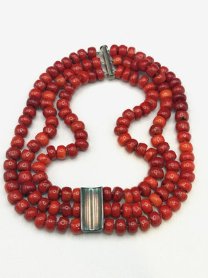 Simon Sebbag Designs 3-Strand Red Bead Necklace Sterling Silver Pendant Heavy