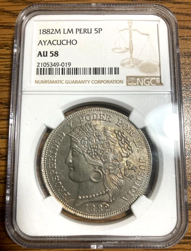 1882 Peru 5 Pesetas Ayacucho NGC AU58 1880 1881 cinco lima reales pasetas chile