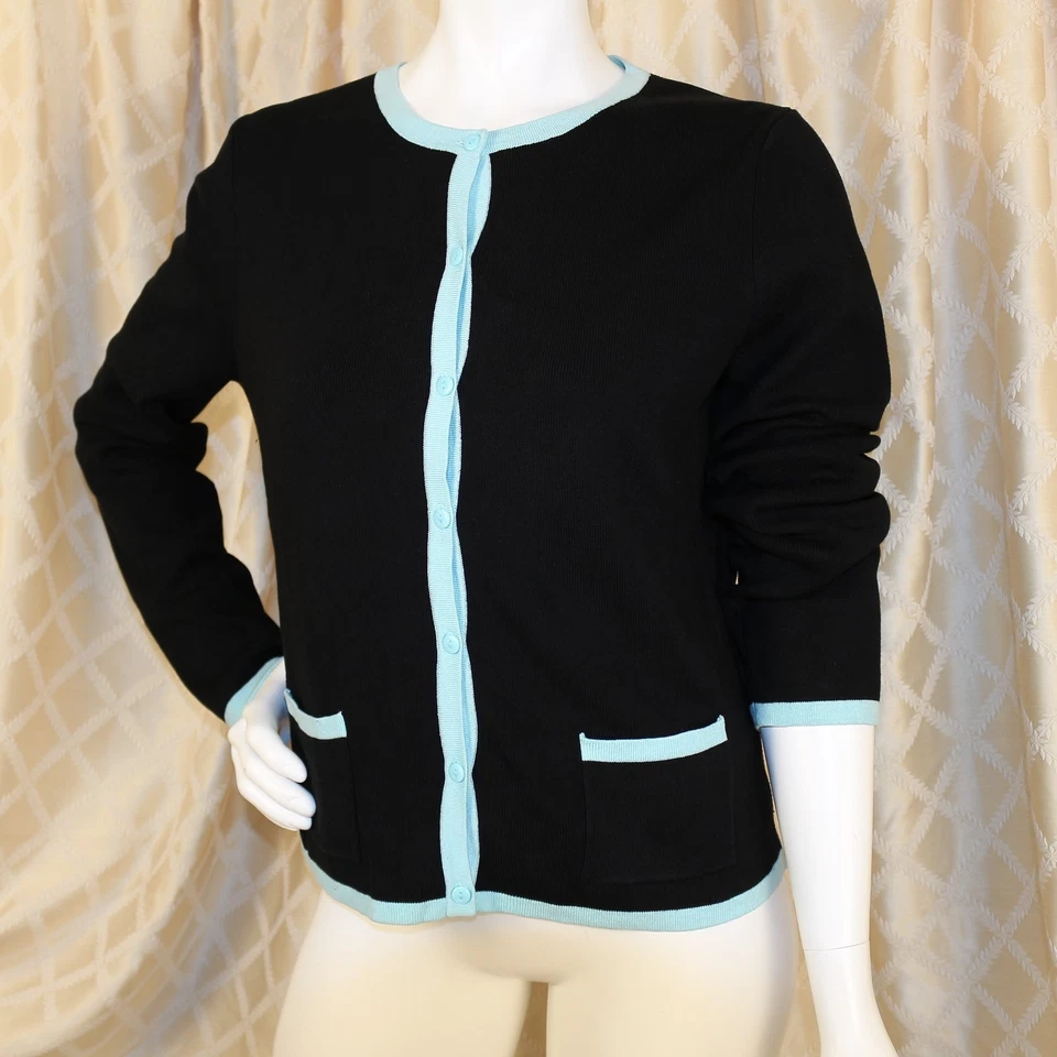 EVIE Black Turquoise Blue Trim Silk Blend Knit Women Cardigan Sweater Size L - Image 3 of 4