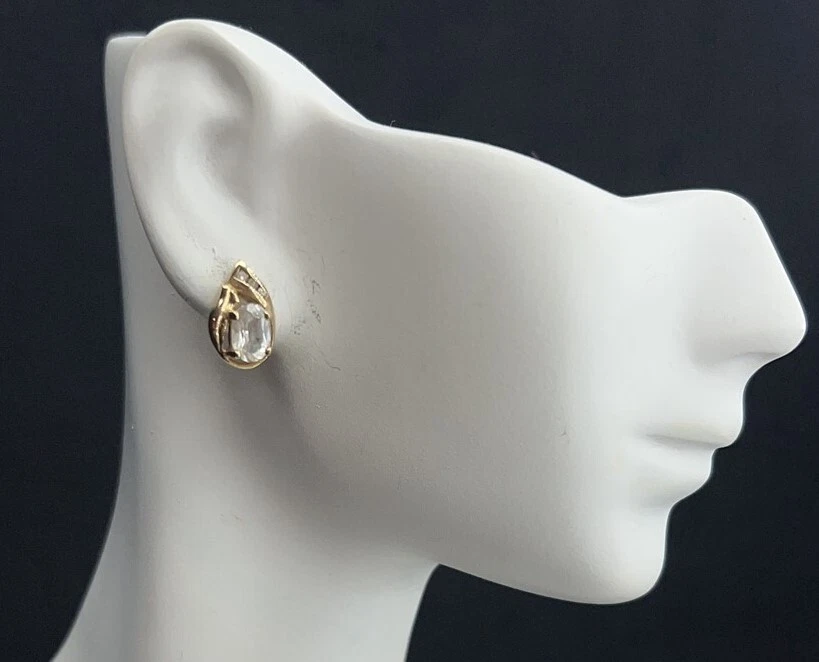 Modern White Topaz & Diamond Pear Shaped 14K Yellow Gold Stud Earrings - Image 4 of 4