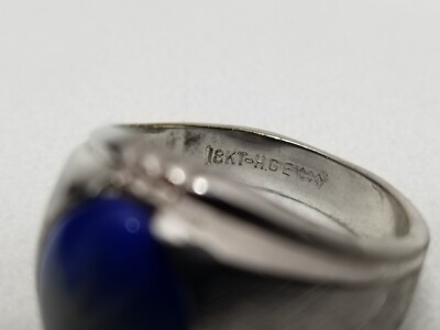 Vintage 18KT White Gold HGE Blue Glass Ring HMS Men's Size 10
