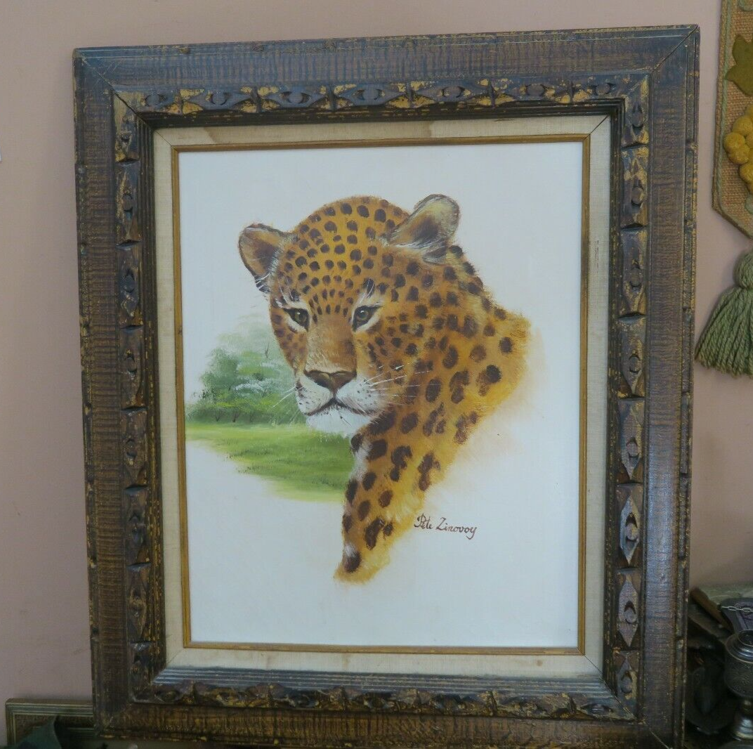Vintage Framed Oil on Canvas Leopard Painting Signed Pete Zinovoy