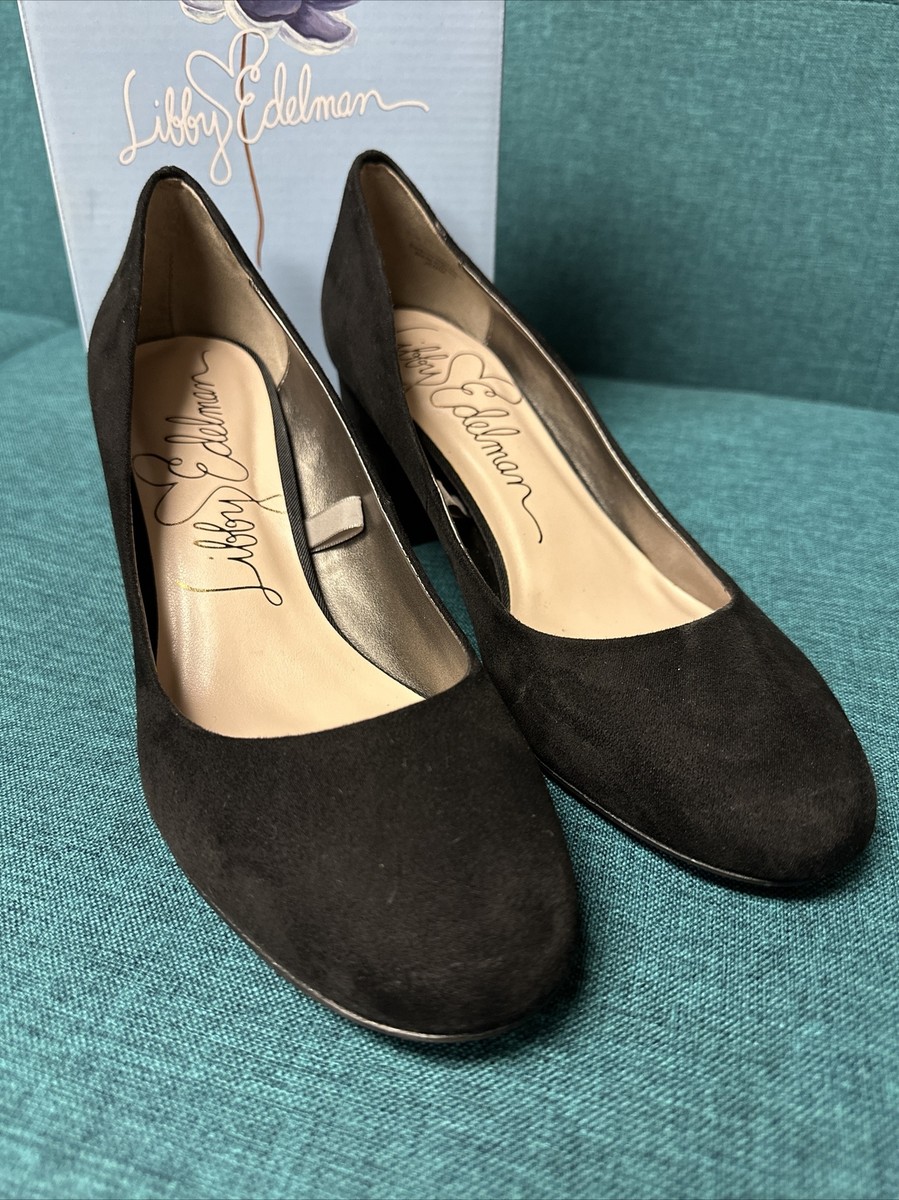 Libby Edelman Le Jenna Black Faux Suede Block Heel Pump Shoe