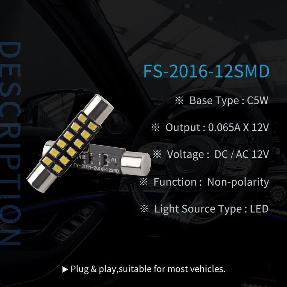 100Pcs LED Car Sun Visor Vanity Mirror Fuse Festoon Light Bulb 12V 28mm/31mm T6  - Image 3 of 4